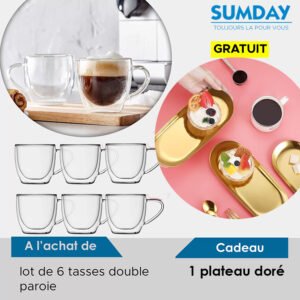 Ensemble de 6 tasses à café en verre avec double paroi + plateau doré