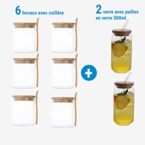 6 bocaux avec cuillère et couvercle + 2 verre avec paille